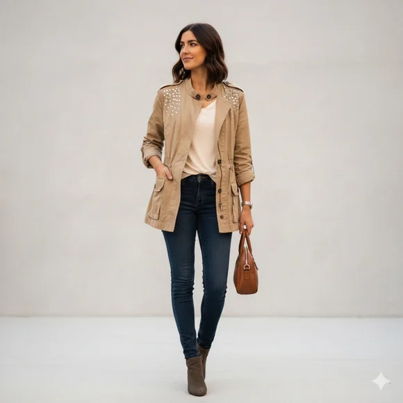 Style & Co Women's Tan Bejeweled Utility Jacket/Coat Size Large EUC - Picture 6 of 10